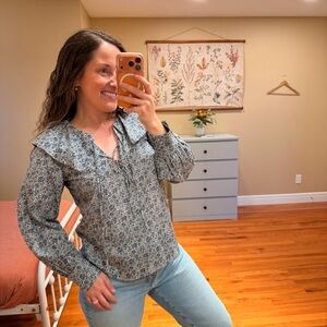 Rebecca Taylor Blue Floral Cotton Silk Long Sleeve Top Blouse Small